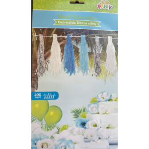 CORDÃO DE BORLAS - AZUL CELESTE/ PRATA/ BRANCO
