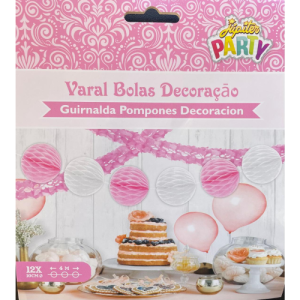 CORDÃO POMPOM FAVO ABELHA REDONDO - ROSA E BRANCO