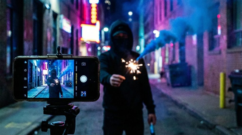 Quer viralizar no Instagram ou TikTok? Descubra os truques de iluminação e câmera para tirar fotos noturnas perfeitas usando fumaça colorida e sparkles.
